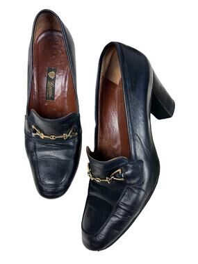 Gucci Vintage Black Leather Horsebit Pilgrim Stacked Wooden Heel 5.5